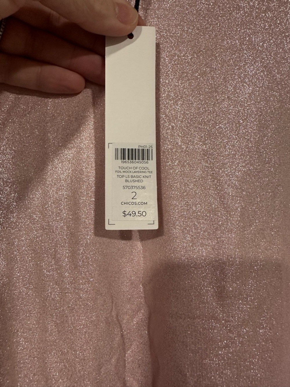 NWT Chico's Size 2 L 12-14 Touch of Cool Pink Blush Foil Mock Neck Layering Tee - Picture 4 of 4